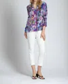 Apny Brush Stroke ¾ Sleeve Mandarin Collar Button Up Blouse In Purple In Purple