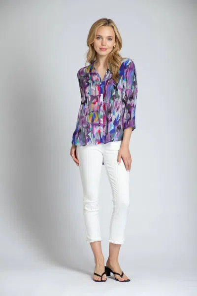 Apny Brush Stroke ¾ Sleeve Mandarin Collar Button Up Blouse In Purple In Multi