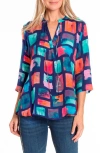 Apny V Neck Top With Tassel In Rainbow Square In Navy Multi