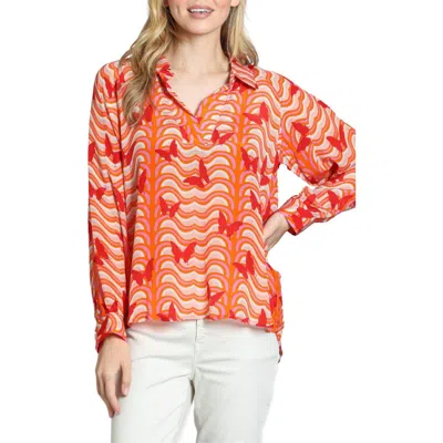 Apny Butterfly Print Johnny Collar Top In Bright Orange Multi