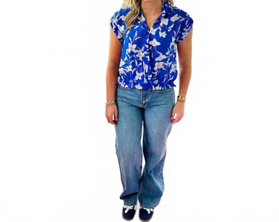 Apny Button Down Cuffs Top In Blue Multi