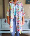 Apny Button Down Long Top Or Kimono With Side Slits In Multi Colored Floral In Multi