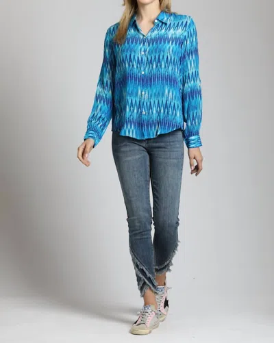 Apny Button-up Roll-up Sleeve Blouse In Azure Ikat Stripe In Blue
