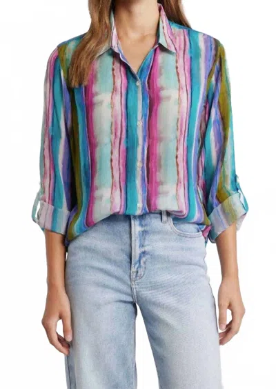 Apny Button-up With Roll-up Sleeve Pattern Top In Multi