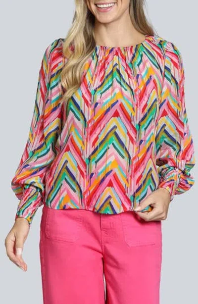 Apny Chevron Stripe Popover Top In Pink/ Green Multi
