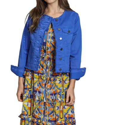 Apny Collarless Jean Jacket With Frayed Detail In Dazzling Blue