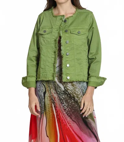 Apny Collarless Jean Jacket With Frayed Detail In Turtle Green In Multi