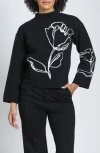 Apny Contrast Floral Pullover Sweater In Jet/ivory