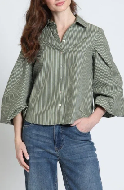 Apny Cotton Bubble Sleeve Button-up Shirt In Olive Drift Stripe