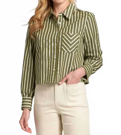 Apny Cropped Striped Blouse In Olive/white In Green
