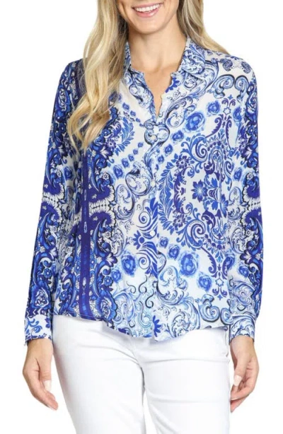 Apny Damask Print Roll Tab Sleeve Button-up Shirt In Multi