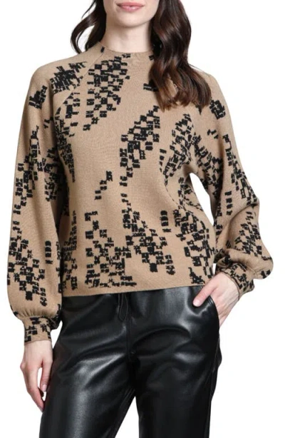 Apny Digital Camouflage Puff Sleeve Sweater In Brown Multi
