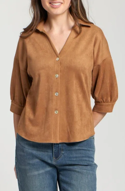 Apny Faux Suede Button-up Shirt In Brown