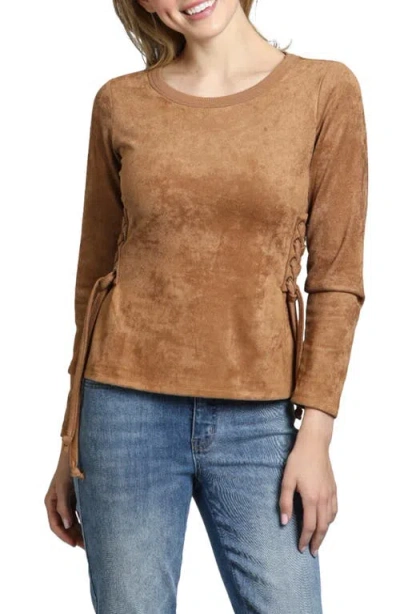 Apny Faux Suede Lace Up Long Sleeve T-shirt In Cognac