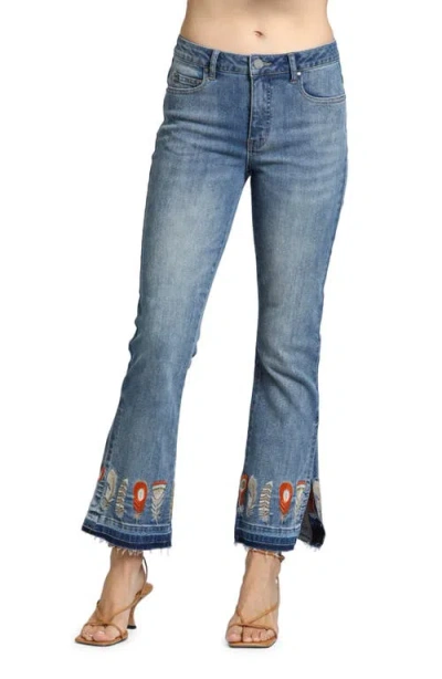 Apny Feather Embroidered Release Hem Mid Rise Flare Jeans In Medium Indigo