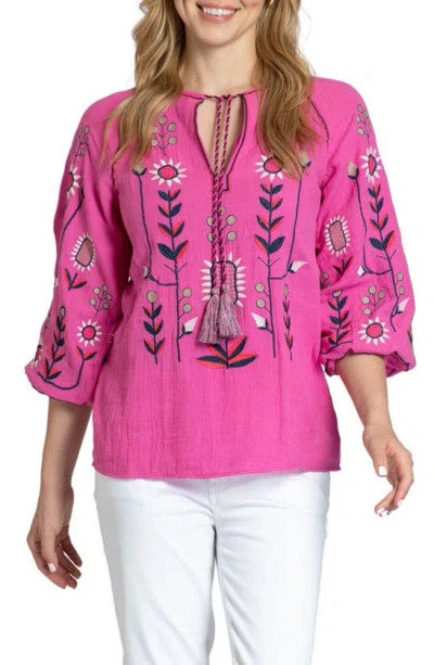 Apny Floral Embroidered Cotton Gauze Peasant Top In Pink