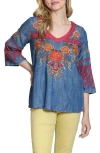 Apny Floral Embroidered Denim Top In Blue
