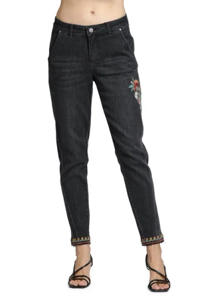 Apny Floral Embroidered Mid Rise Slouchy Jeans In Black