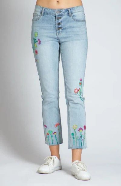 Apny Floral Embroidered Raw Hem Straight Leg Jeans In Medium Indigo