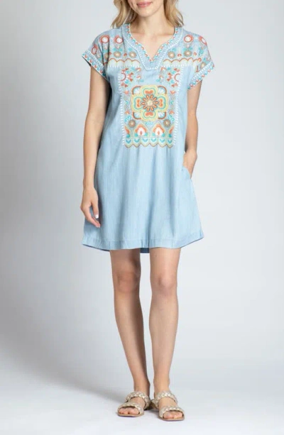 Apny Floral Embroidered Shift Minidress In Light Indigo