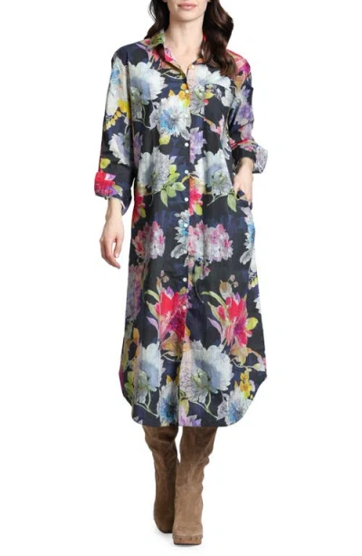 Apny Floral Long Sleeve Midi Shirtdress In Grey Multi