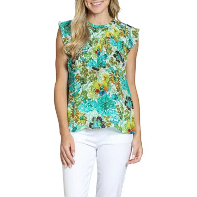 Apny Floral Print Flutter Sleeve Top In Green Multi