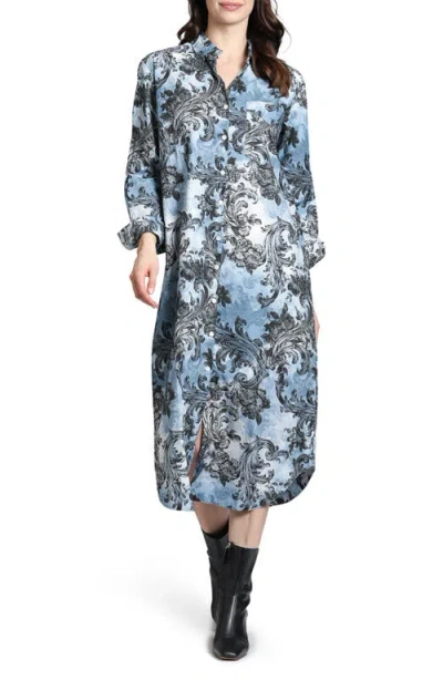 Apny Floral Print Long Sleeve Shirtdress In Blue Multi