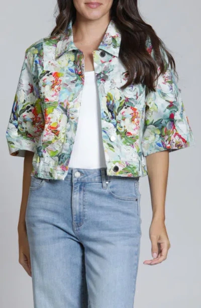 Apny Floral Print Short Sleeve Denim Jacket In Multi