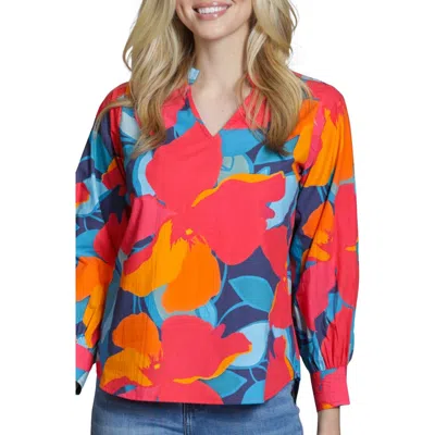 Apny Floral Print Split Neck Top In Multi