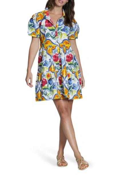 Apny Floral Ruffle Hem Cotton Mini Shirtdress In Multi