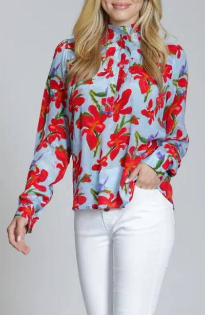 Apny Floral Ruffle Placket Top In Blue