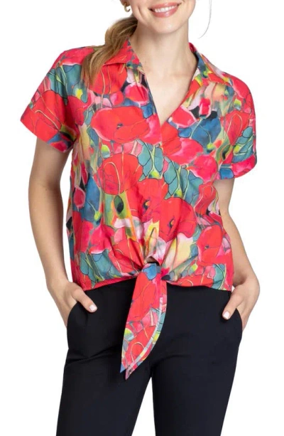 Apny Floral Tie Front Cotton Camp Shirt In Red Multi