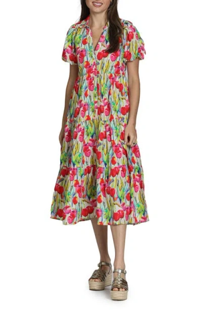 Apny Floral Tiered Cotton Shirtdress In Green Multi