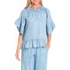 Apny Flounce Sleeve Top In Light Indigo