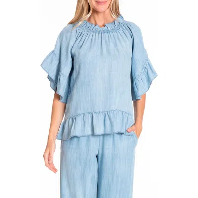 Apny Flounce Sleeve Top In Light Indigo