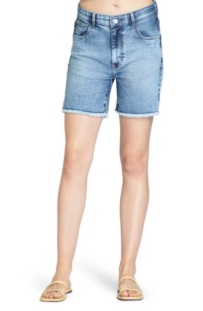 Apny Fray Hem Cutoff Denim Shorts In Medium Indigo