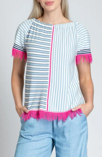 Apny Fringe Multi Stripe Short Sleeve Knit Top In Pink Multi