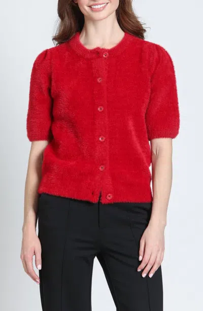 Apny Fuzzy Puff Sleeve Cardigan In Red