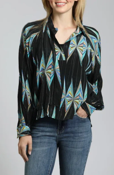 Apny Geo Print Long Sleeve Shirt In Black/teal Multi