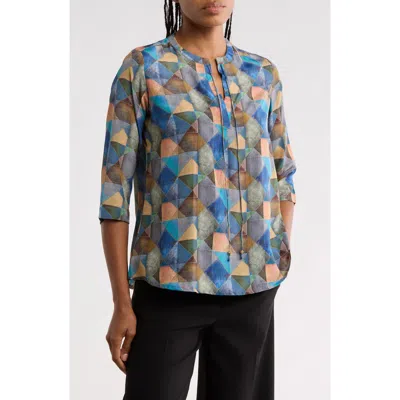 Apny Geometric Print Mandarin Collar Shift Top In Blue/ Orange Multi