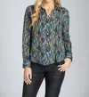 APNY GLASS TILES BUTTON-UP TOP WITH ROLL TAB SLEEVE IN MULTI COLOR PRINT