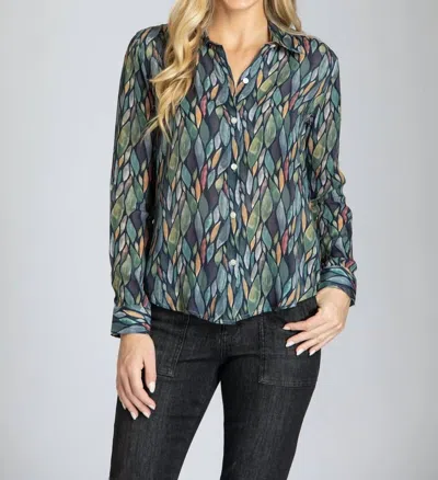 Apny Glass Tiles Button-up Top With Roll Tab Sleeve In Multi Color Print In Grey