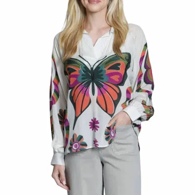Apny Half-plaket Pullover Blouse In Vintage Butterfly Bloom In Multi