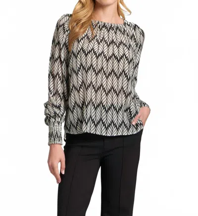 Apny Leaf Print Blouse With Smocked Cuff In Black White In Gray