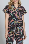 Apny Leaf Print Tie Waist Cotton Camp Shirt In Black Multi