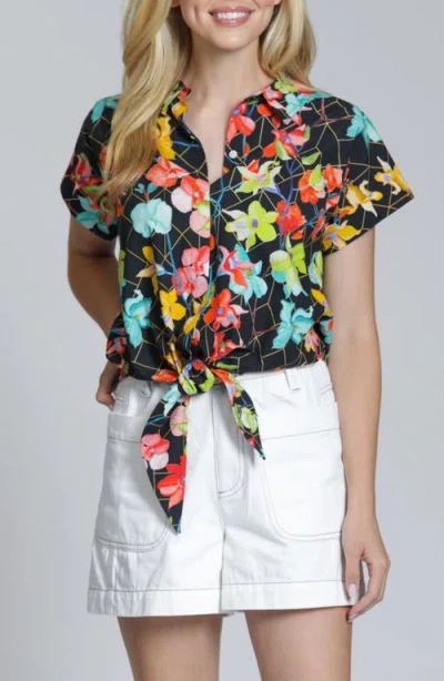 Apny Leaf Print Tie Waist Cotton Camp Shirt In Multi