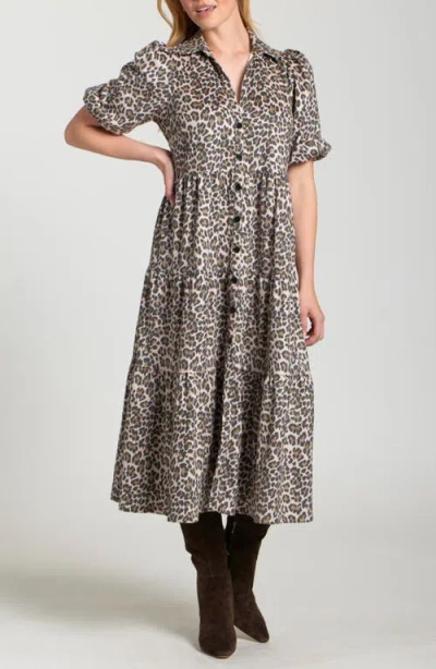 Apny Leopard Print Faux Suede Tiered Shirtdress In Animal Print