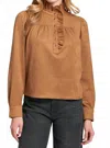 Apny Ruffle Snap Front Faux Suede Top In Brown