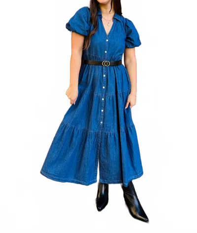Apny Long Tiered Dress With Puff Sleeve In Medium Indigo In Blue