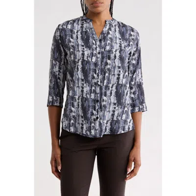Apny Mandarin Collar Three-quarter Sleeve Button-up Shirt In Black/ White